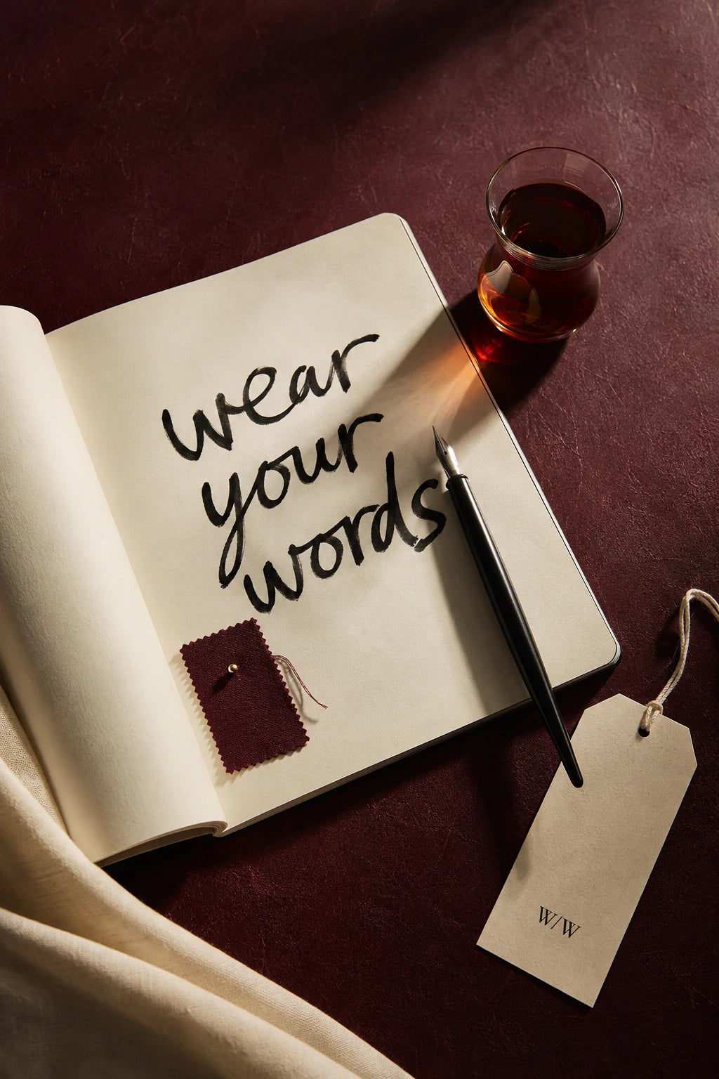 An editorial composition of handwritten words, a fabric swatch and tea on a burgundy desk